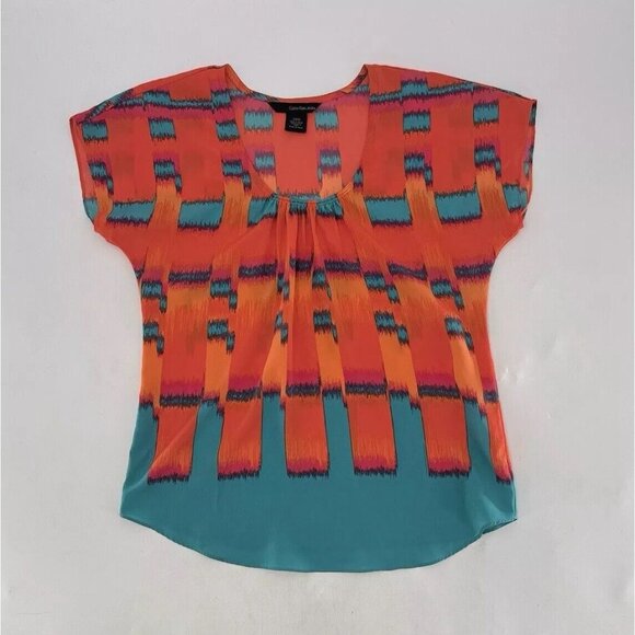 Calvin Klein Firecracker Orange‎ Teal Short Sleeve Chiffon Blouse Sz Small, Boho - Picture 3 of 7
